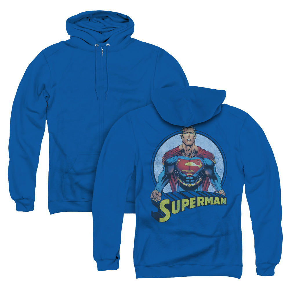 Superman Flying High Again Back Print Zipper Mens Hoodie Royal Blue