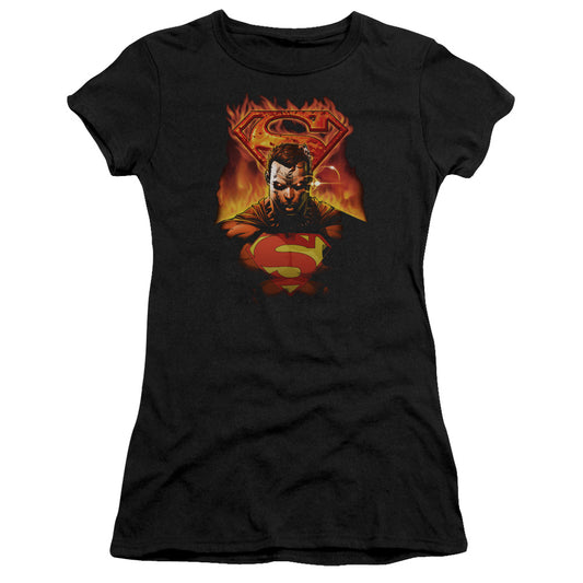 Superman Man On Fire Junior Sheer Cap Sleeve Womens T Shirt Black