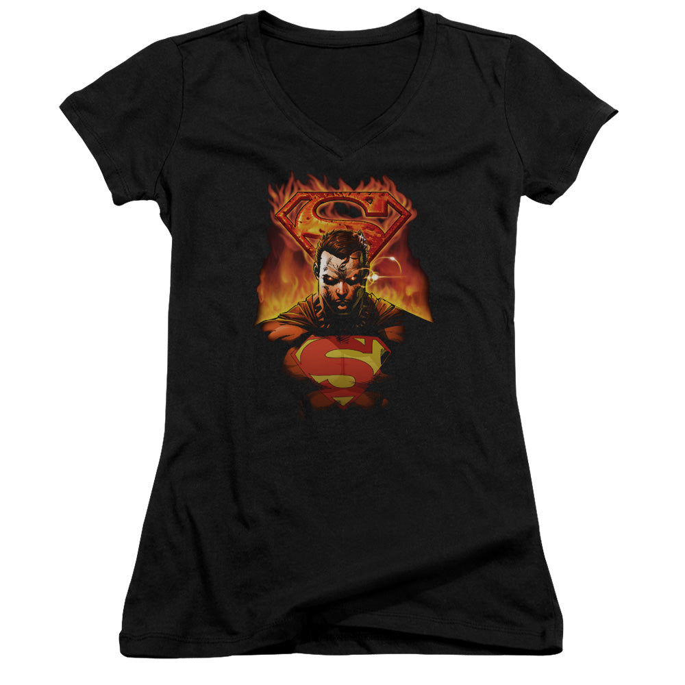 Superman Man On Fire Junior Sheer Cap Sleeve V Neck Womens T Shirt Black