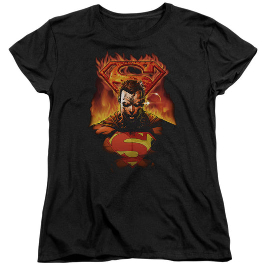 Superman Man On Fire Womens T Shirt Black