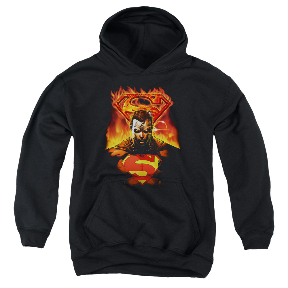 Superman Man On Fire Kids Youth Hoodie Black