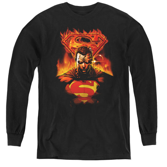 Superman Man On Fire Long Sleeve Kids Youth T Shirt Black