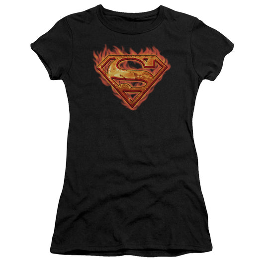 Superman Hot Metal Junior Sheer Cap Sleeve Womens T Shirt Black