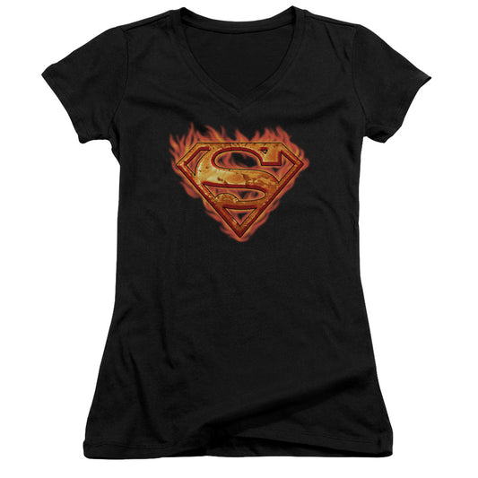 Superman Hot Metal Junior Sheer Cap Sleeve V Neck Womens T Shirt Black