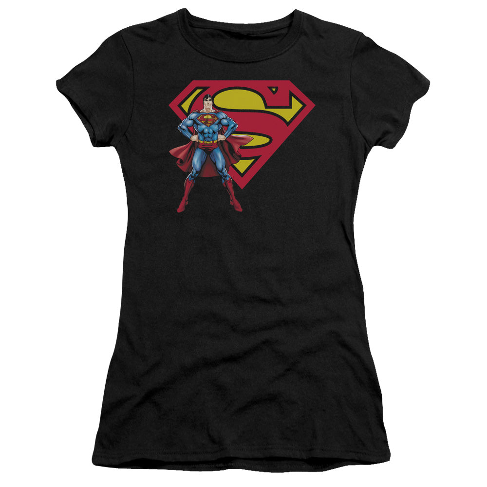 Superman Superman & Logo Junior Sheer Cap Sleeve Womens T Shirt Black