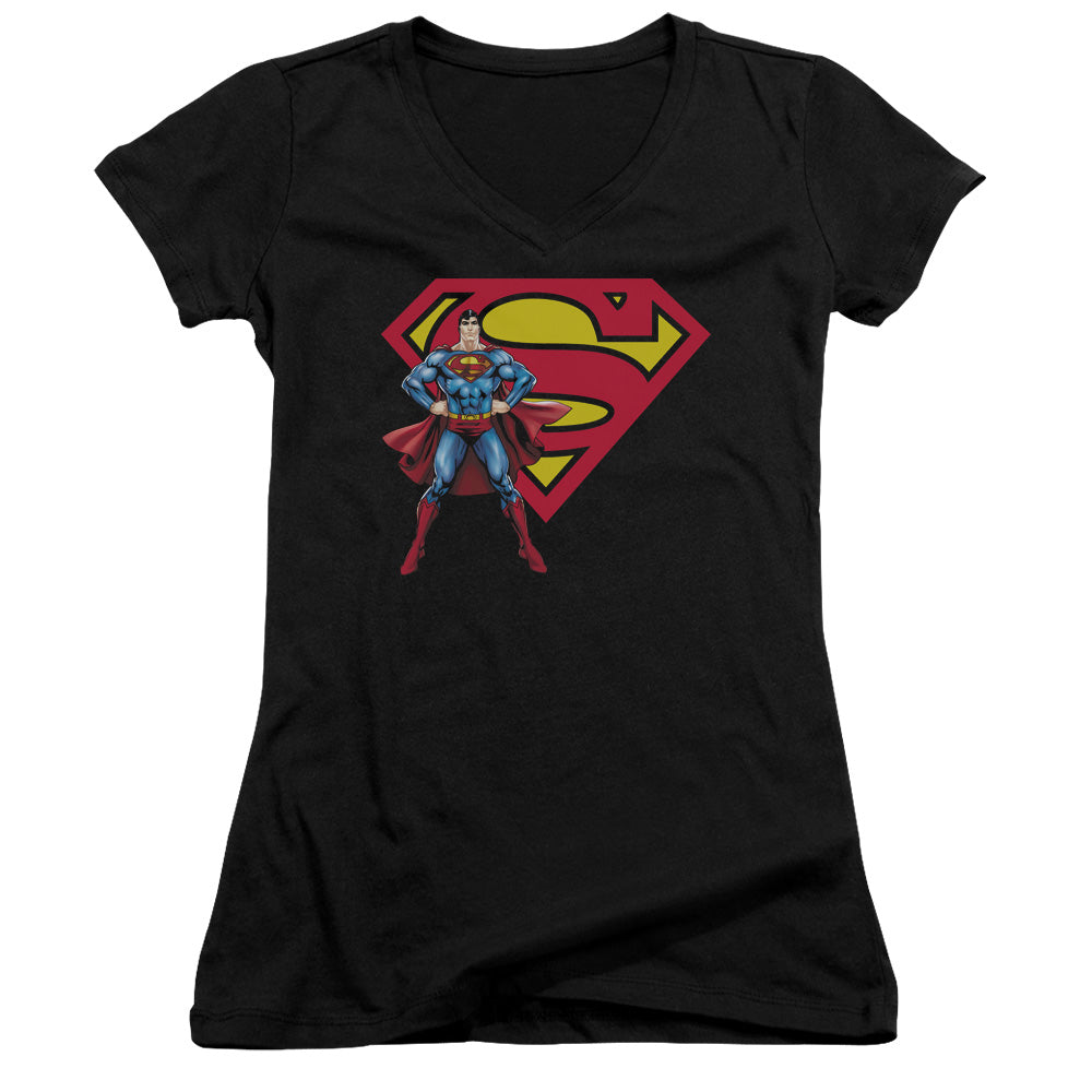 Superman Superman & Logo Junior Sheer Cap Sleeve V Neck Womens T Shirt Black