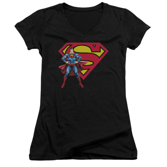 Superman Superman & Logo Junior Sheer Cap Sleeve V Neck Womens T Shirt Black