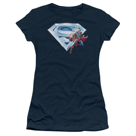 Superman Superman & Crystal Logo Junior Sheer Cap Sleeve Womens T Shirt Navy