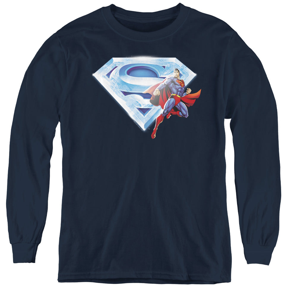 Superman Superman & Crystal Logo Long Sleeve Kids Youth T Shirt Navy