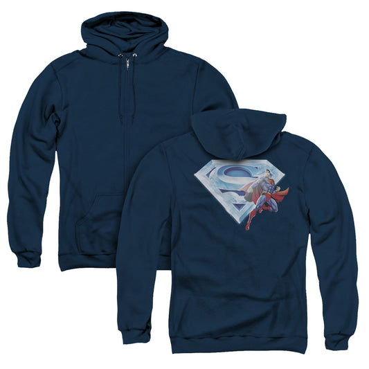 Superman Superman & Crystal Logo Back Print Zipper Mens Hoodie Navy