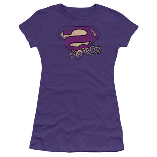 Superman Bizarro Logo Distressed Junior Sheer Cap Sleeve Womens T Shirt Purple