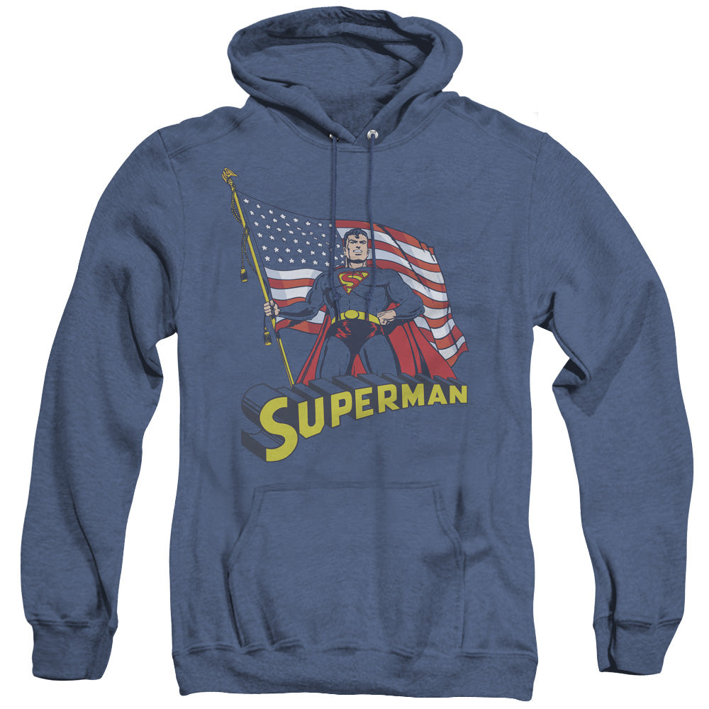 Superman American Flag Heather Mens Hoodie Royal Blue