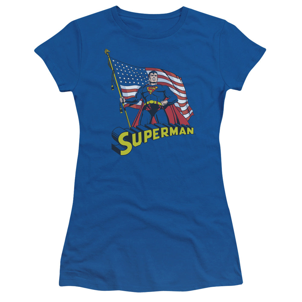 Superman American Flag Junior Sheer Cap Sleeve Womens T Shirt Royal Blue