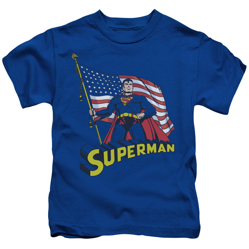 Superman American Flag Juvenile Kids Youth T Shirt Royal Blue