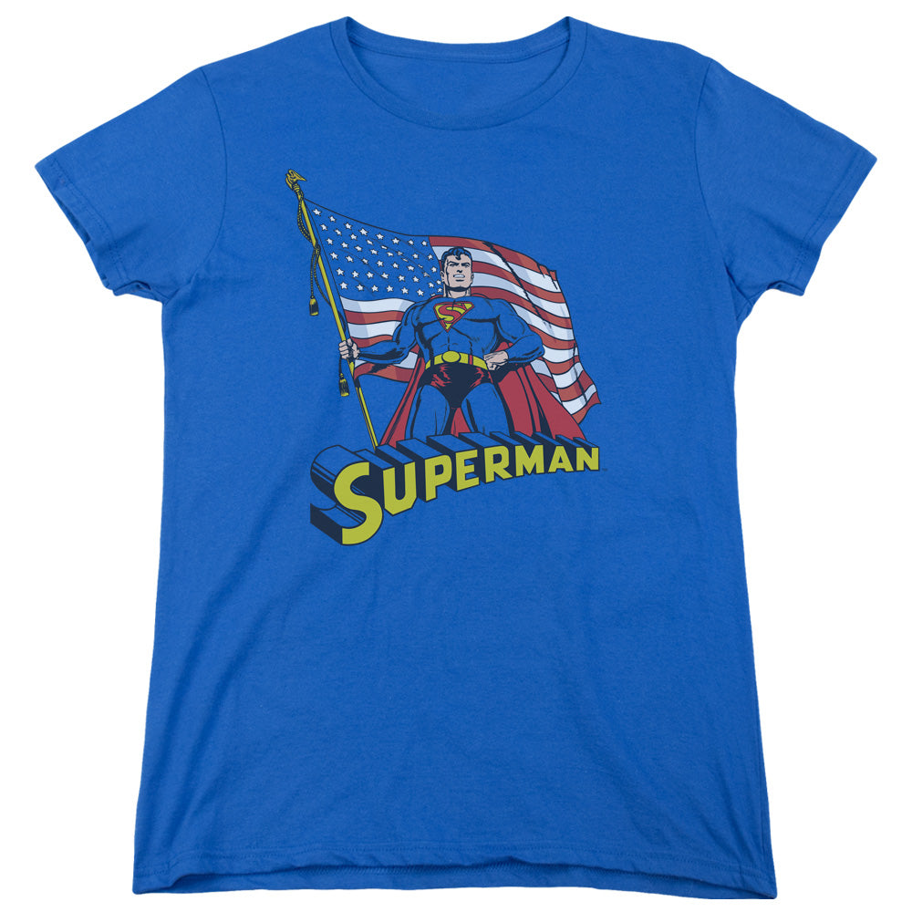 Superman American Flag Womens T Shirt Royal Blue