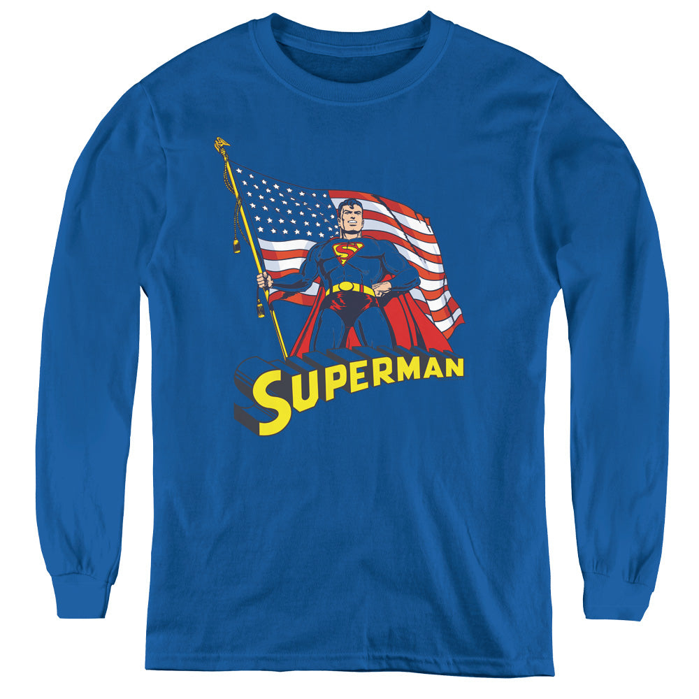 Superman American Flag Long Sleeve Kids Youth T Shirt Royal Blue