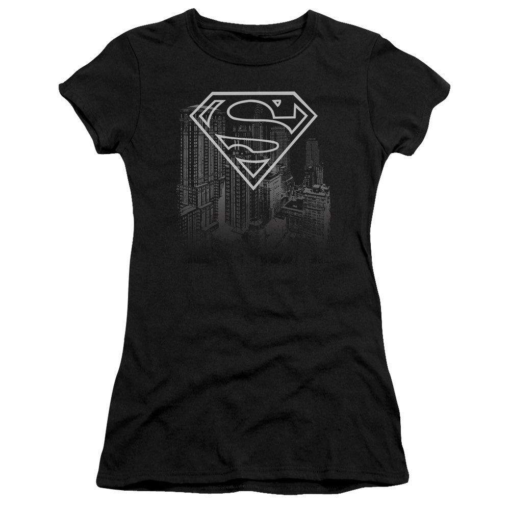 Superman Skyline Junior Sheer Cap Sleeve Womens T Shirt Black