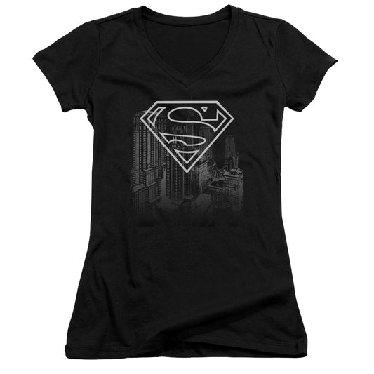 Superman Skyline Junior Sheer Cap Sleeve V Neck Womens T Shirt Black