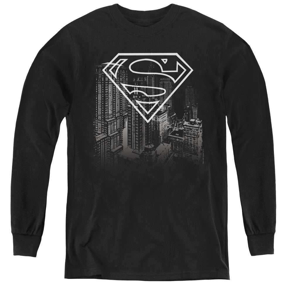 Superman Skyline Long Sleeve Kids Youth T Shirt Black