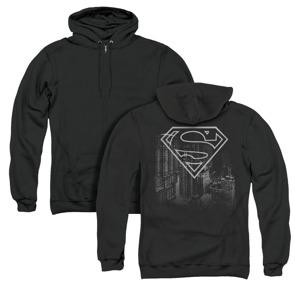 Superman Skyline Back Print Zipper Mens Hoodie Black