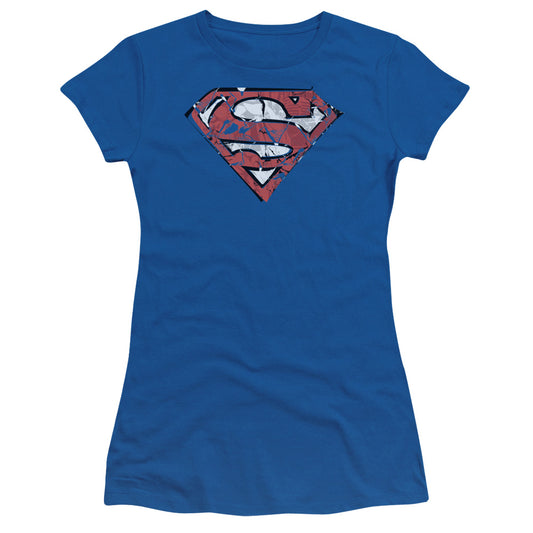 Superman Ripped And Shredded Junior Sheer Cap Sleeve Womens T Shirt Royal Blue