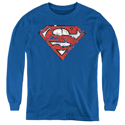 Superman Ripped And Shredded Long Sleeve Kids Youth T Shirt Royal Blue