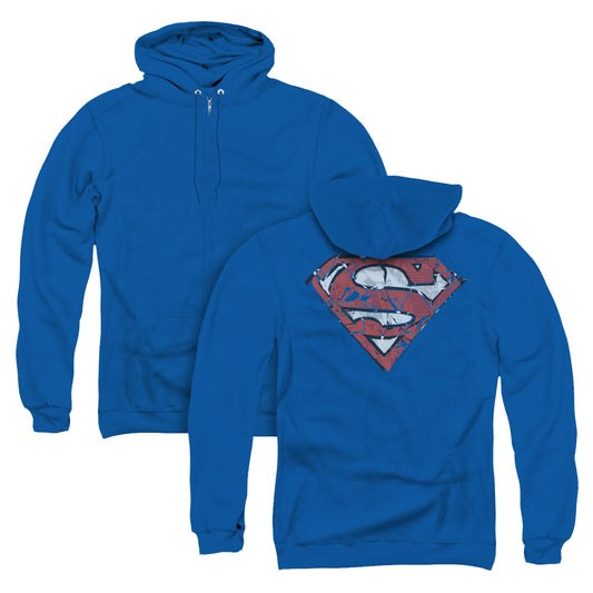 Superman Ripped And Shredded Back Print Zipper Mens Hoodie Royal Blue