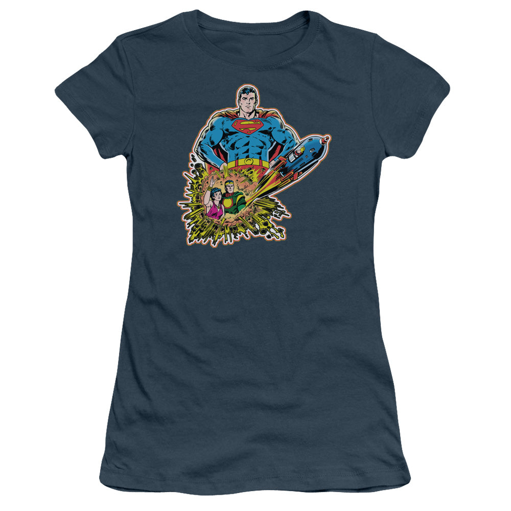 Superman Doomed Planet Junior Sheer Cap Sleeve Womens T Shirt Indigo