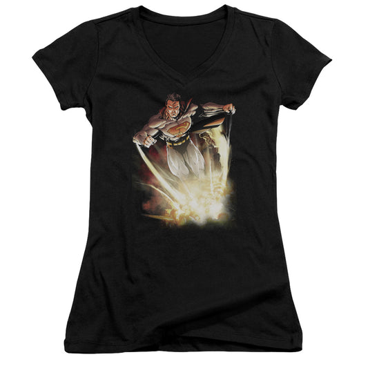 Superman Explosive Junior Sheer Cap Sleeve V Neck Womens T Shirt Black