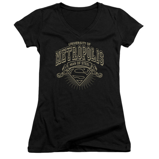 Superman University Of Metropolis Junior Sheer Cap Sleeve V Neck Womens T Shirt Black