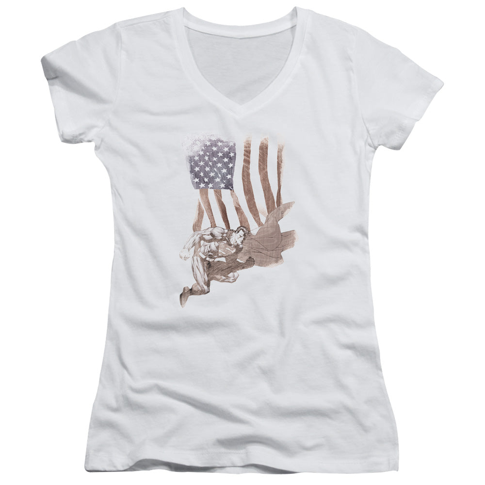 Superman Super American Junior Sheer Cap Sleeve V Neck Womens T Shirt White