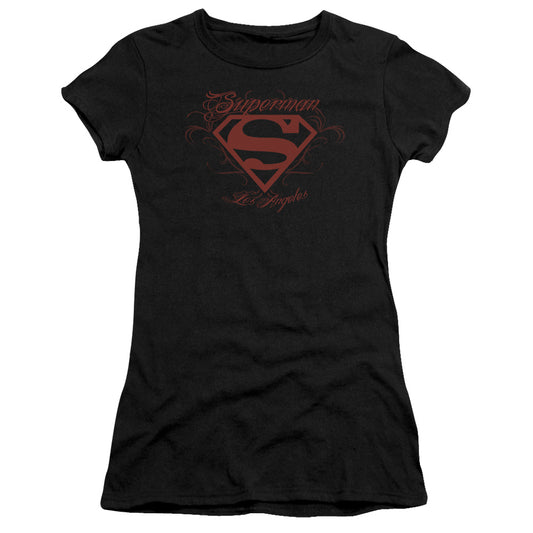 Superman La Junior Sheer Cap Sleeve Womens T Shirt Black