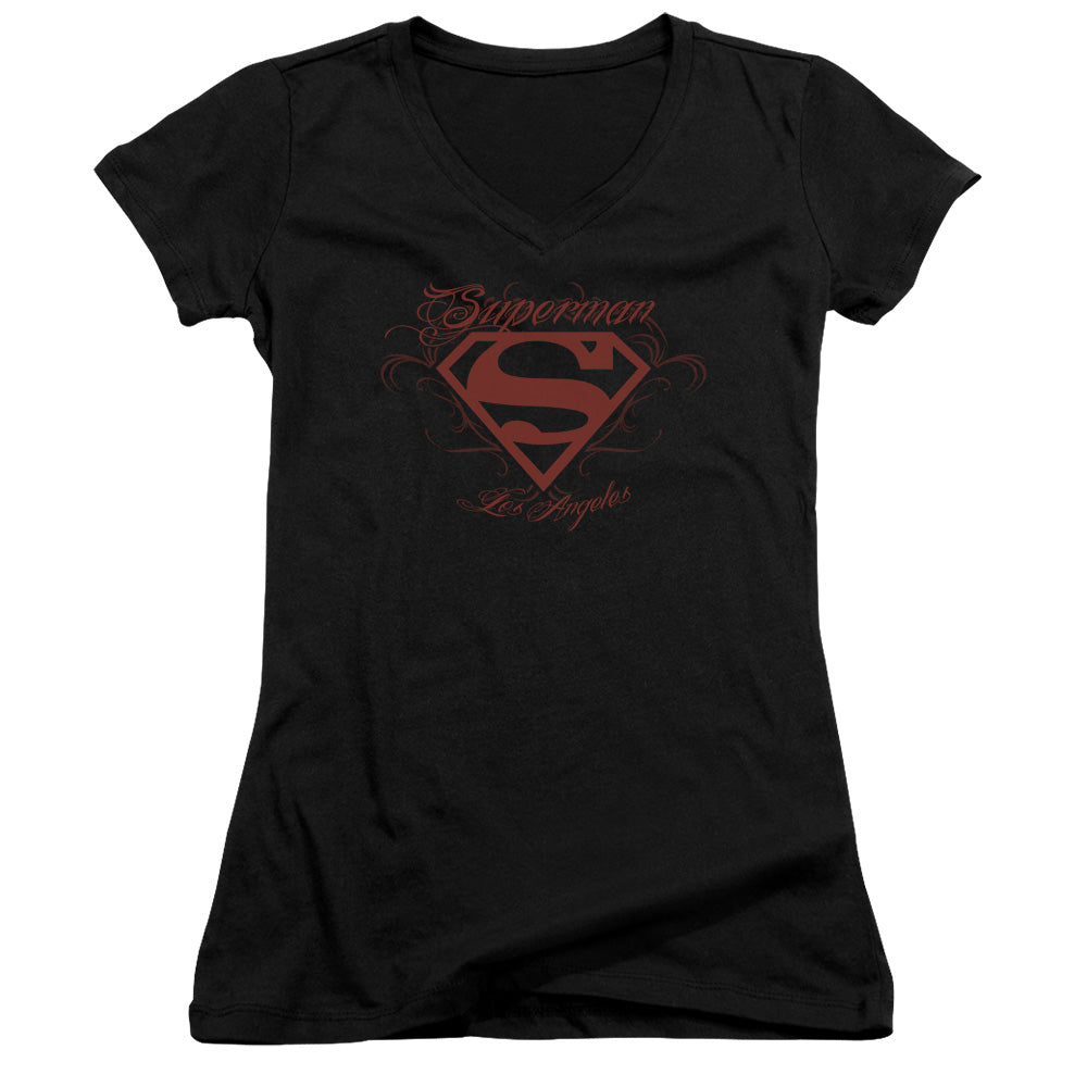 Superman La Junior Sheer Cap Sleeve V Neck Womens T Shirt Black