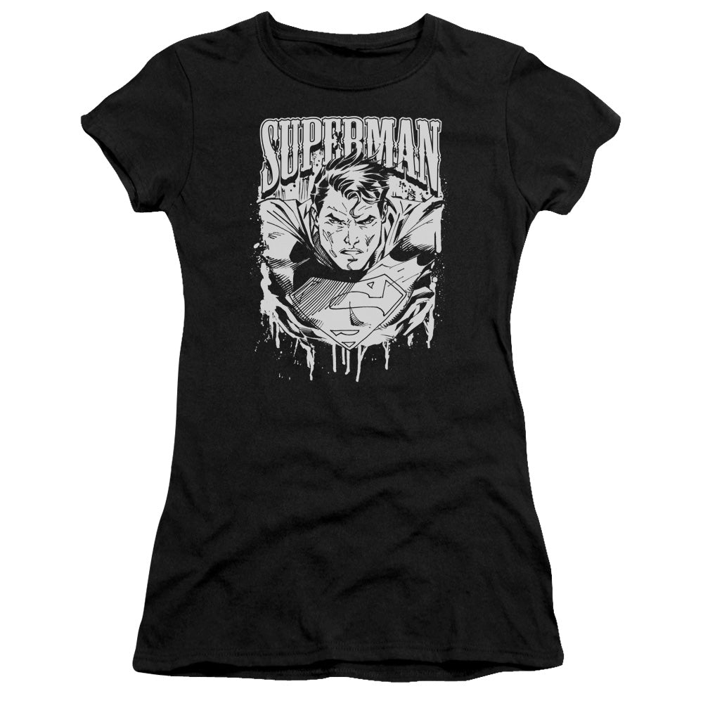 Superman Super Metal Junior Sheer Cap Sleeve Womens T Shirt Black