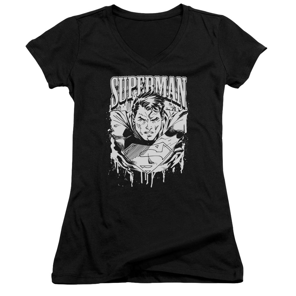 Superman Super Metal Junior Sheer Cap Sleeve V Neck Womens T Shirt Black