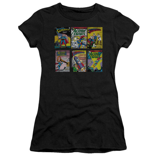 Superman Covers Junior Sheer Cap Sleeve Womens T Shirt Black