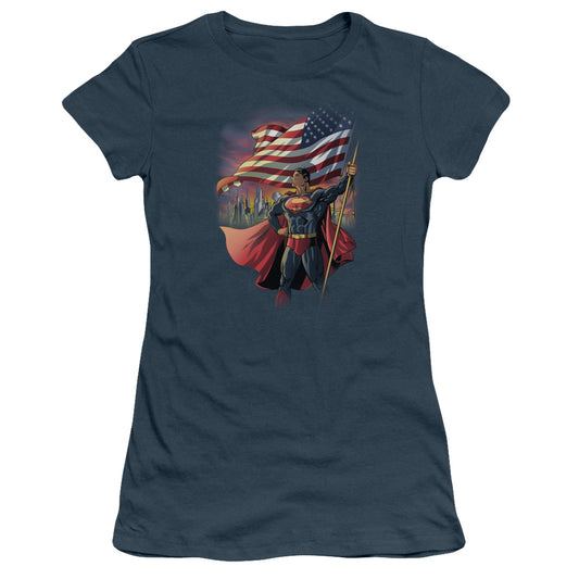 Superman American Hero Junior Sheer Cap Sleeve Womens T Shirt Indigo