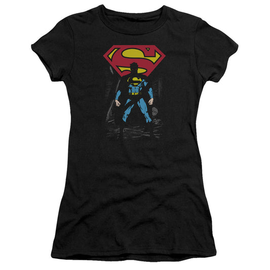 Superman Dark Alley Junior Sheer Cap Sleeve Womens T Shirt Black