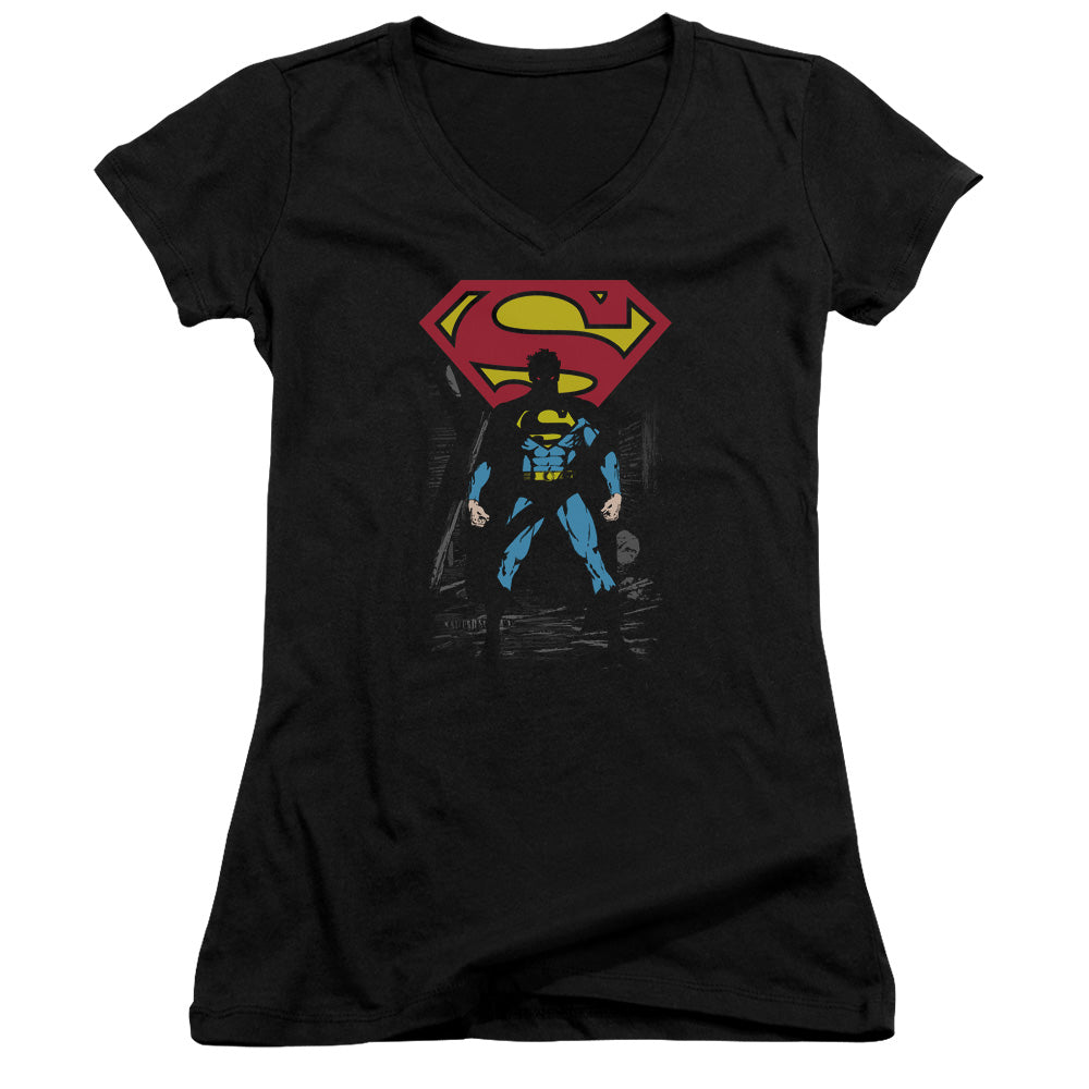 Superman Dark Alley Junior Sheer Cap Sleeve V Neck Womens T Shirt Black