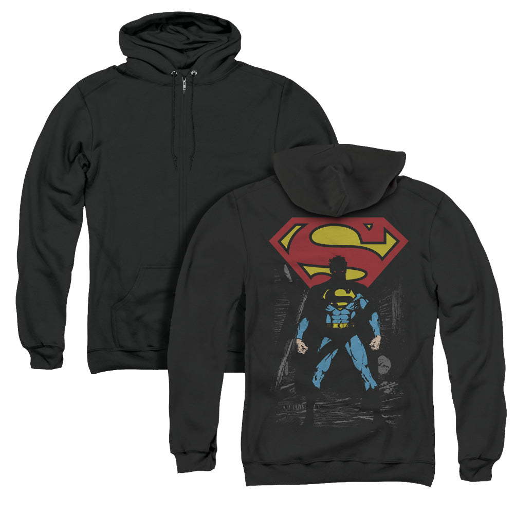 Superman Dark Alley Back Print Zipper Mens Hoodie Black