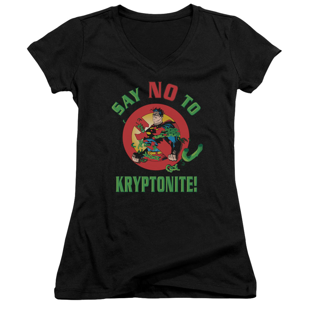 Superman Say No To Kryptonite Junior Sheer Cap Sleeve V Neck Womens T Shirt Black