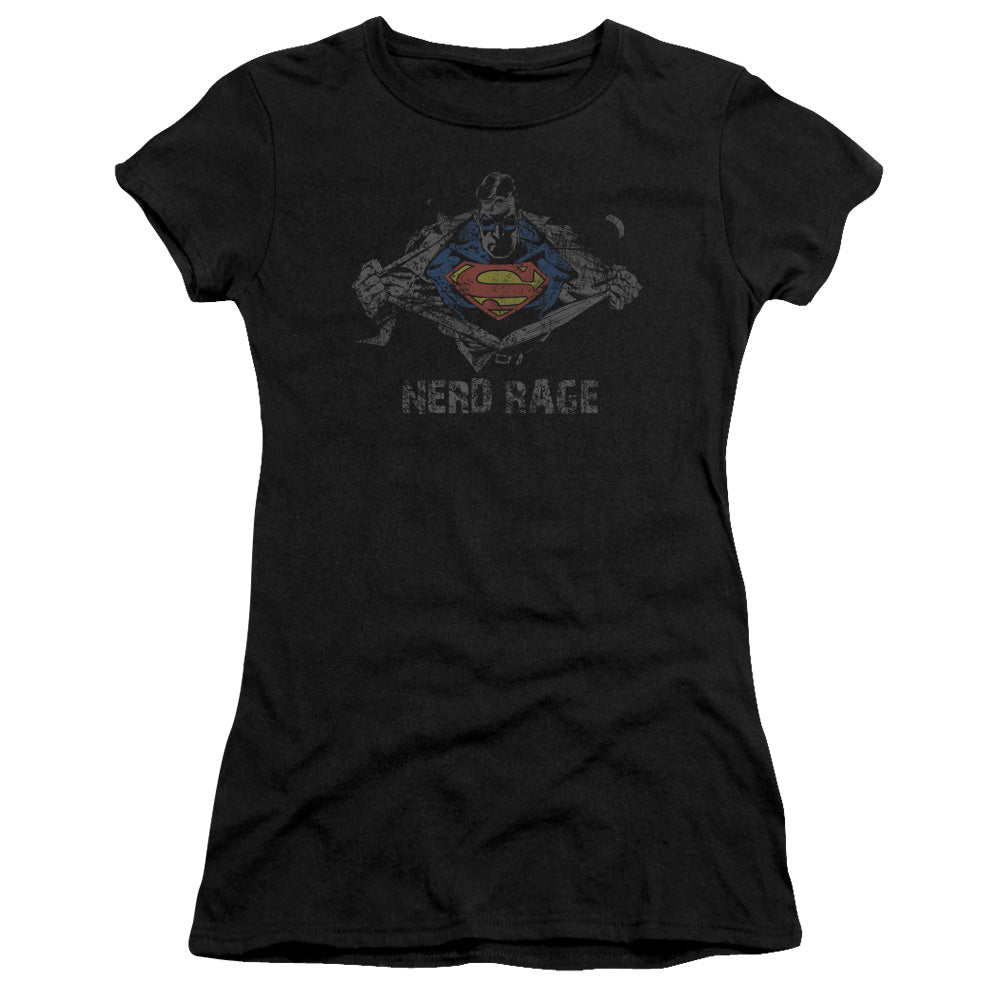 Superman Nerd Rage Junior Sheer Cap Sleeve Womens T Shirt Black