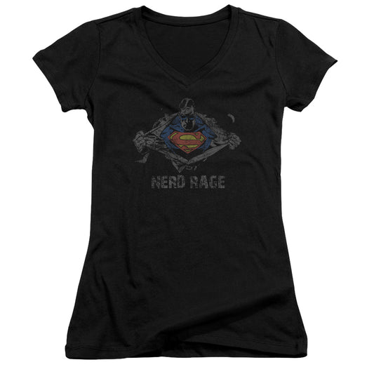 Superman Nerd Rage Junior Sheer Cap Sleeve V Neck Womens T Shirt Black