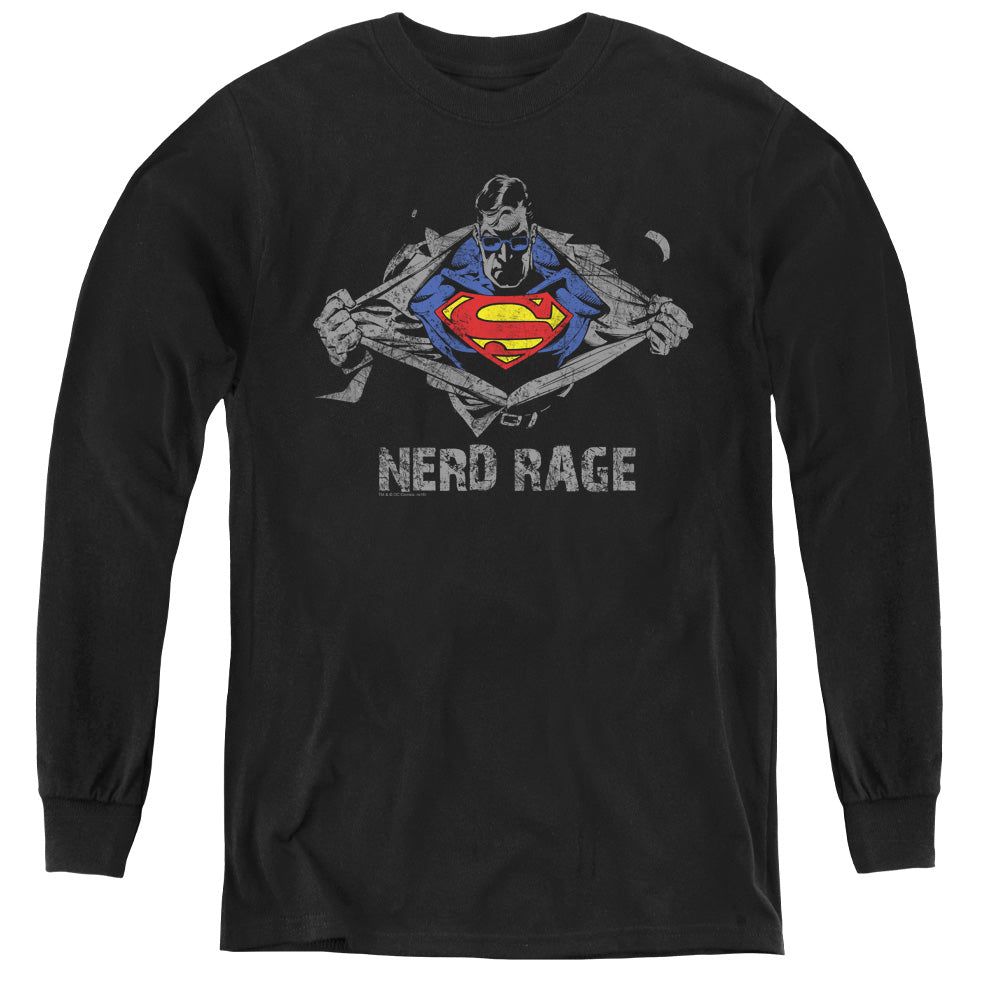 Superman Nerd Rage Long Sleeve Kids Youth T Shirt Black