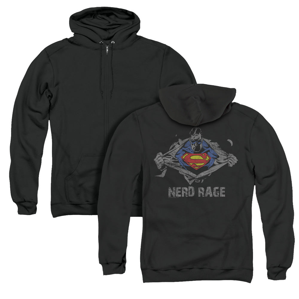 Superman Nerd Rage Back Print Zipper Mens Hoodie Black