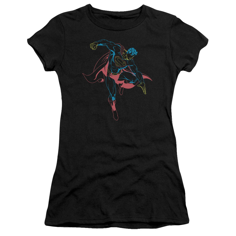 Superman Neon Superman Junior Sheer Cap Sleeve Womens T Shirt Black