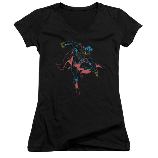 Superman Neon Superman Junior Sheer Cap Sleeve V Neck Womens T Shirt Black