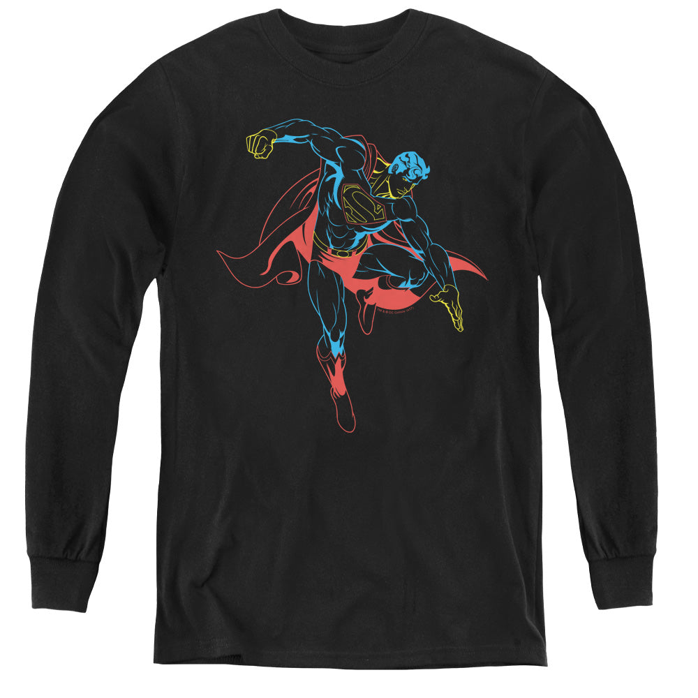 Superman Neon Superman Long Sleeve Kids Youth T Shirt Black