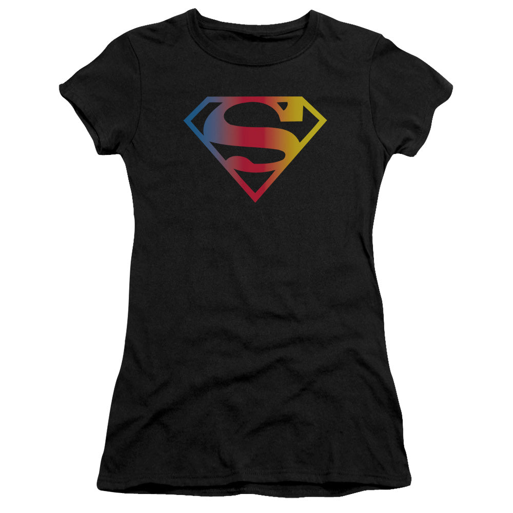 Superman Gradient Superman Logo Junior Sheer Cap Sleeve Womens T Shirt Black