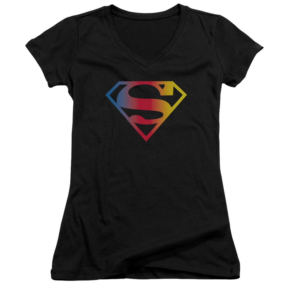 Superman Gradient Superman Logo Junior Sheer Cap Sleeve V Neck Womens T Shirt Black